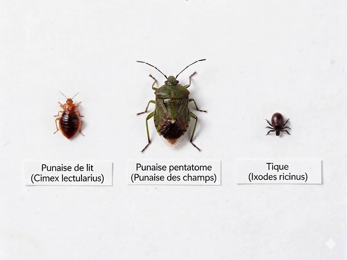 Comparaison de trois spécimens : punaise de lit (Cimex lectularius), punaise des bois et tique
