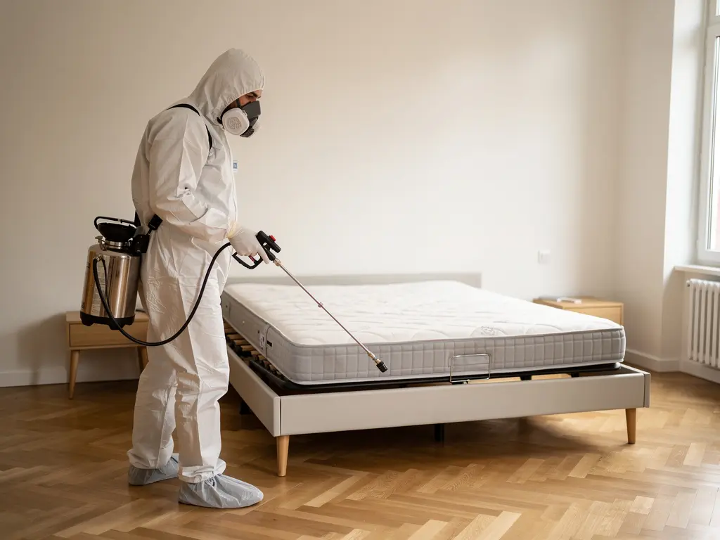 technicien désinsectisation en cours d'intervention anti-punaises de lit dans une chambre