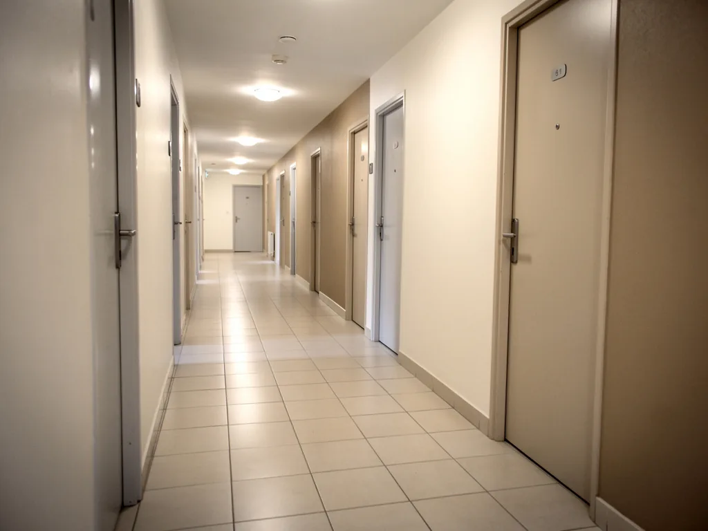 couloir d'immeuble avec portes d'appartements mitoyennes — risque de propagation des punaises de lit entre logements