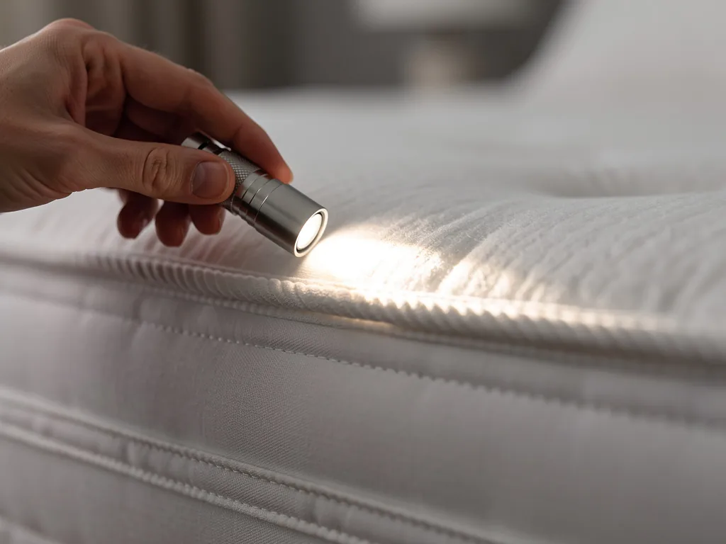 inspection des coutures d'un matelas avec une lampe torche pour détecter des traces de punaises de lit