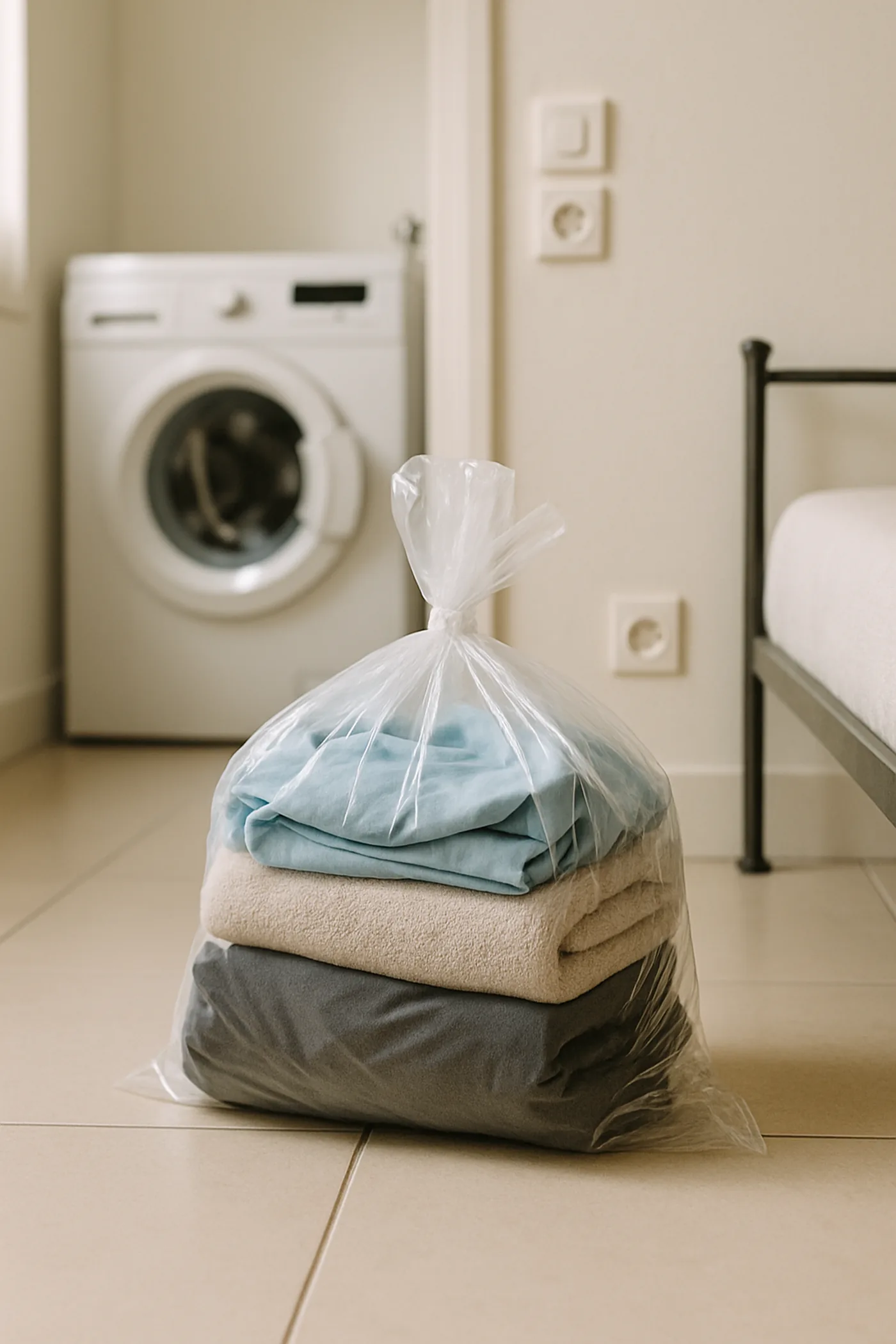 Sac fermé de linge prêt pour un traitement anti-punaises