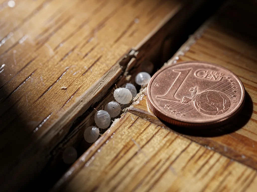 Œufs de punaises dans une fissure de parquet, avec une pièce de 1 centime comme échelle de taille