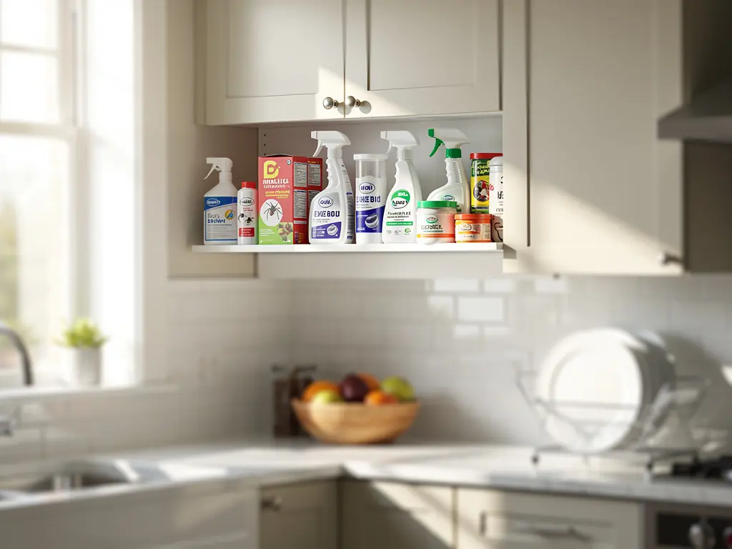 produits insecticides rangés en hauteur hors portée bébé — sécurité traitement cafards