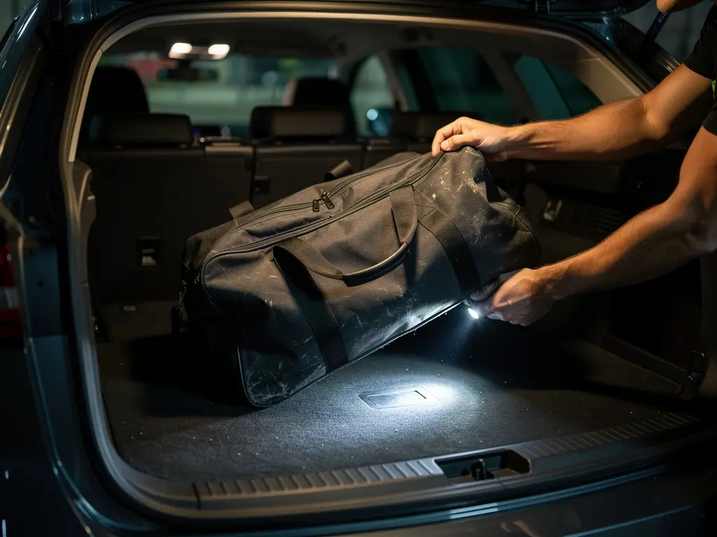 inspection du coffre de voiture pour détecter des punaises de lit dans les bagages avec une lampe torche