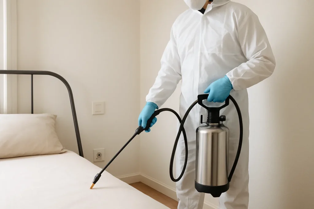 technicien certifié Certibiocide en combinaison blanche pulvérisant un traitement anti-punaises de lit sur un matelas