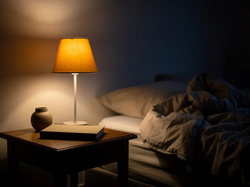 Lampe de chevet allumée dans une chambre sombre, lit défait au second plan