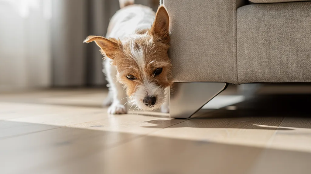 Chien curieux reniflant le bas d'un meuble