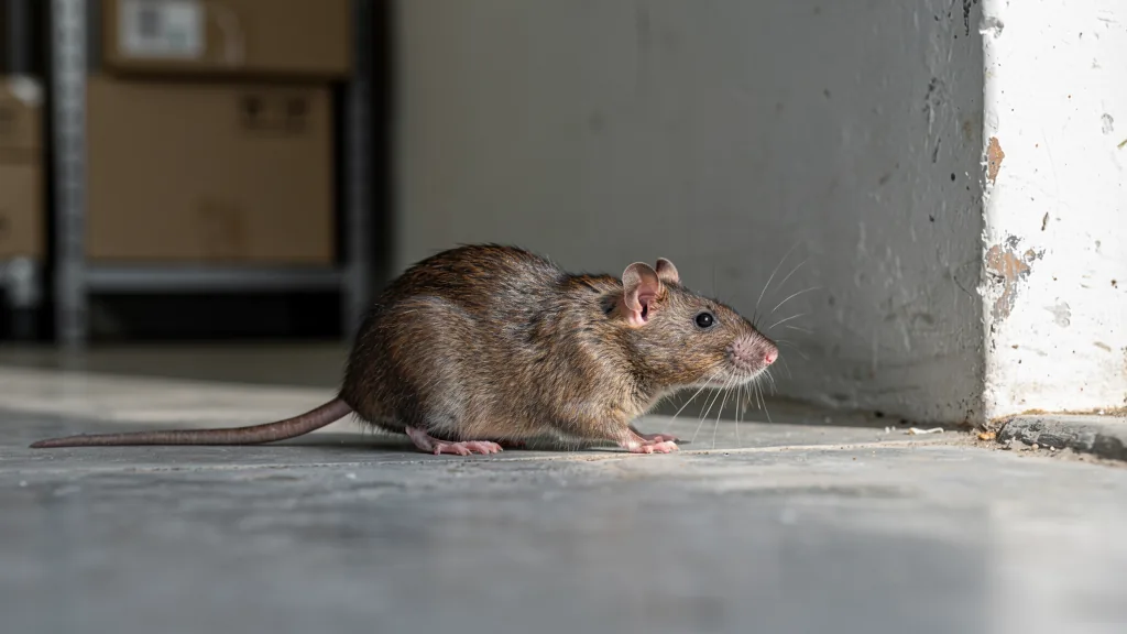 Rat brun au sol dans un garage, le long du mur