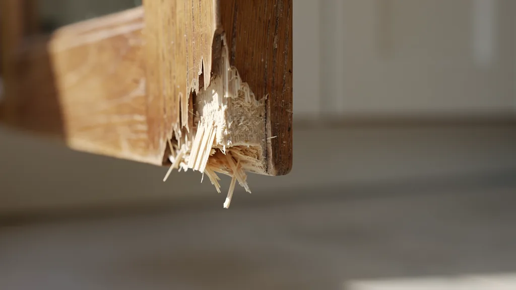 Rongements sur l'angle d'une porte de placard en bois, macro
