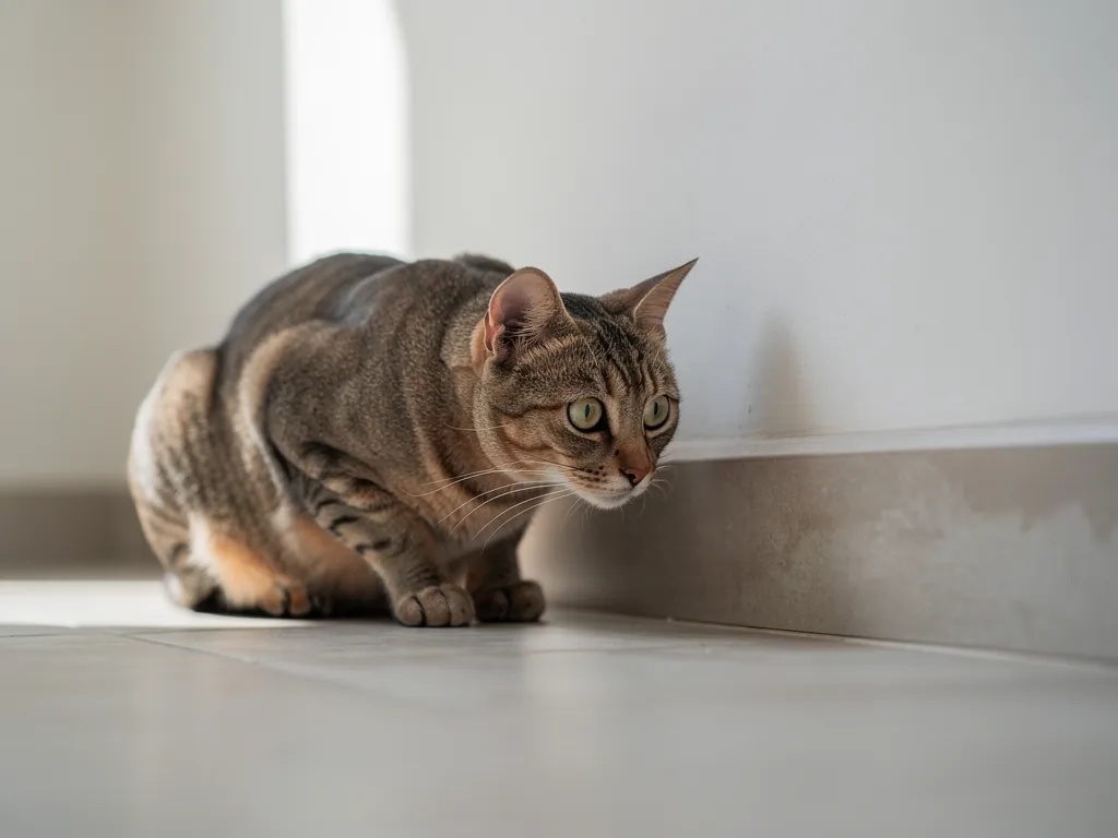 Chat près d'une plinthe, posture de guet