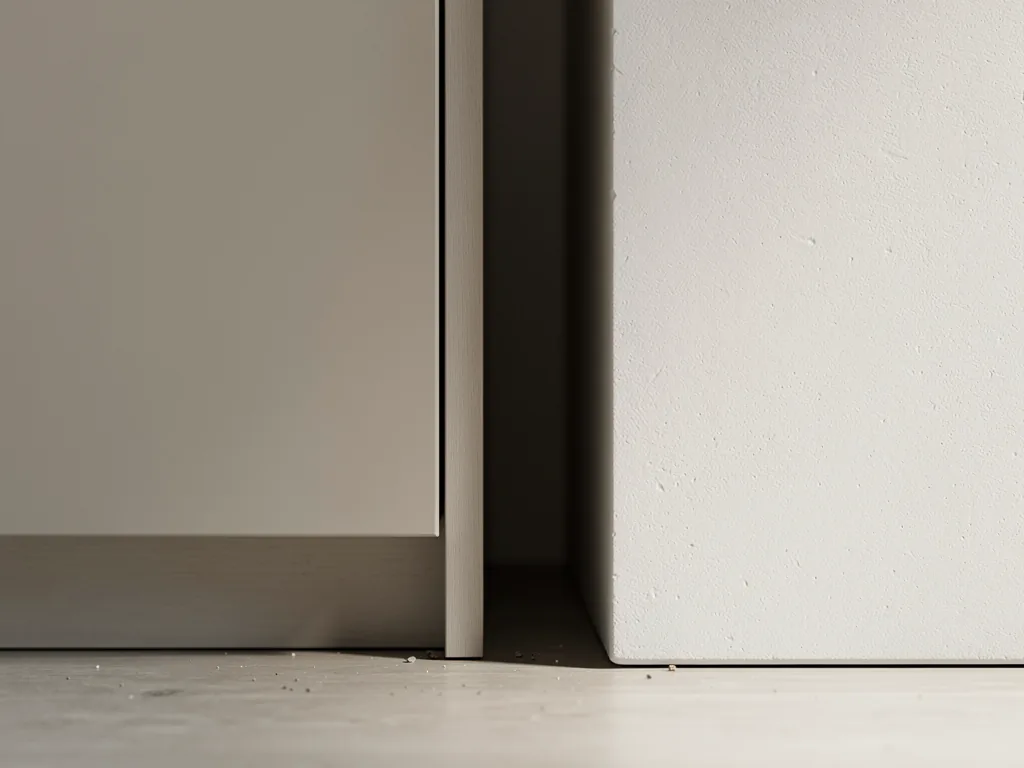 Espace étroit entre un meuble et un mur, poussière au sol