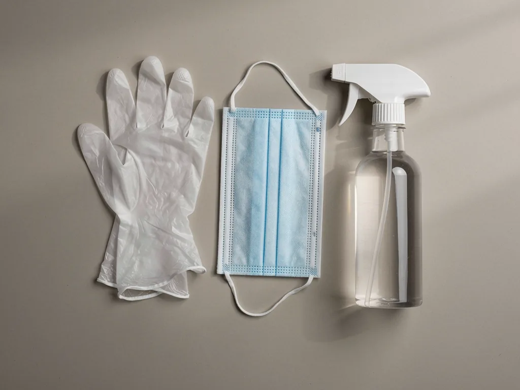 Gants, masque et flacon désinfectant posés à plat