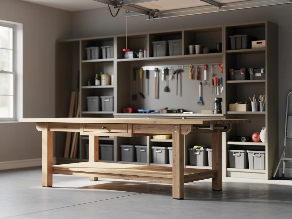 Garage avec établi et rangements, recoins