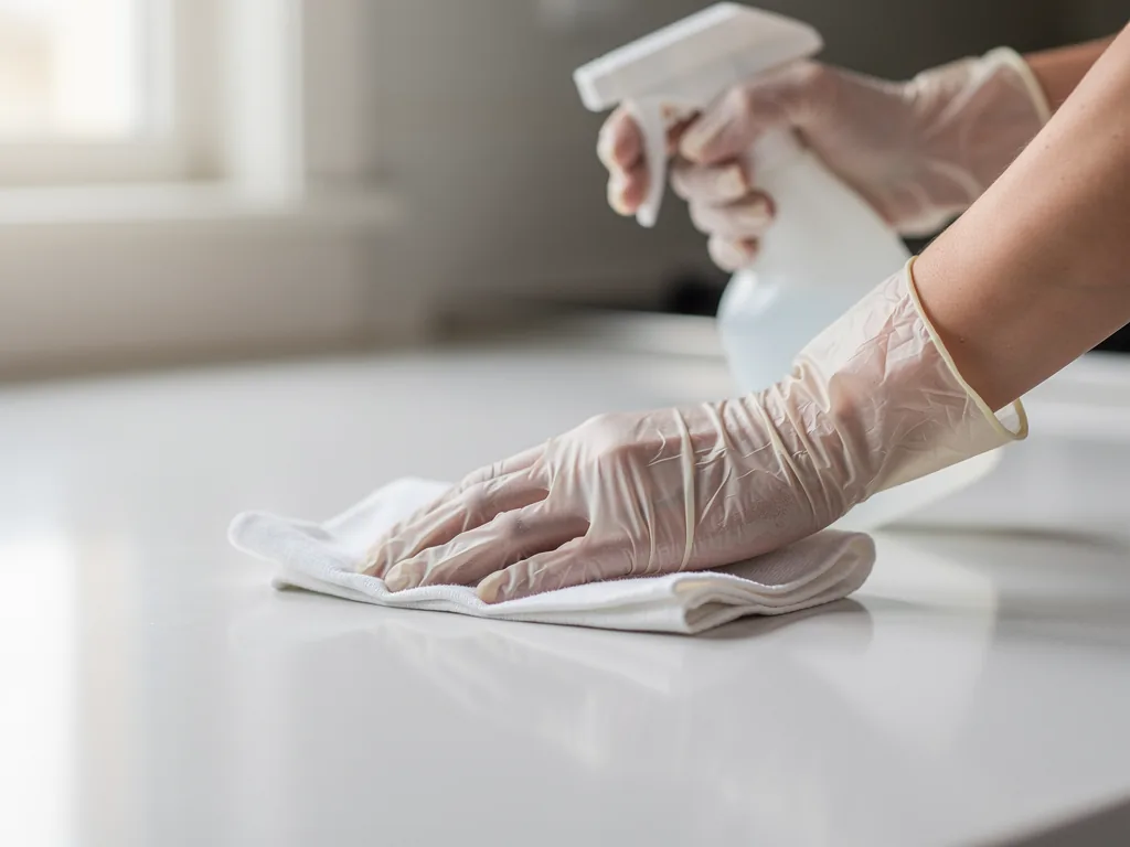 Mains gantées désinfectant une surface