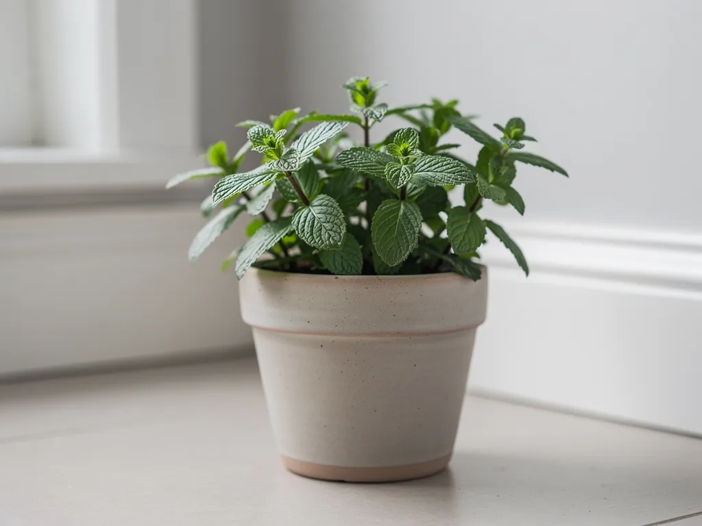 Menthe poivrée en pot près d'une plinthe