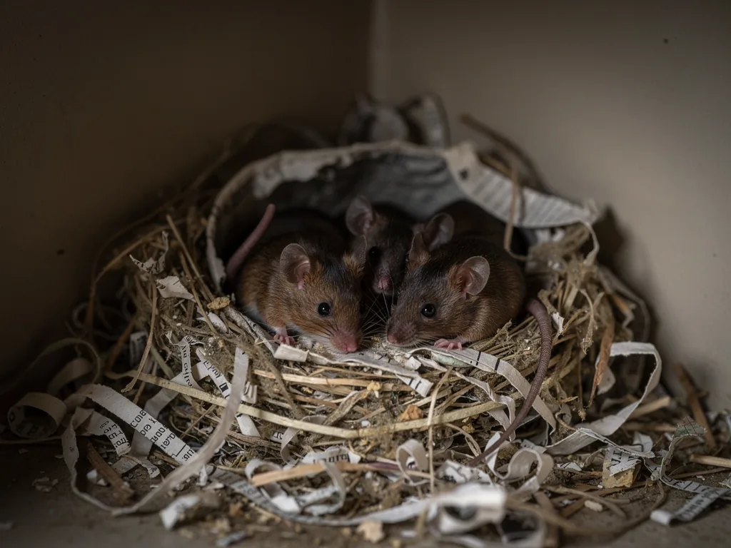 Nid de souris avec plusieurs jeunes dans un recoin