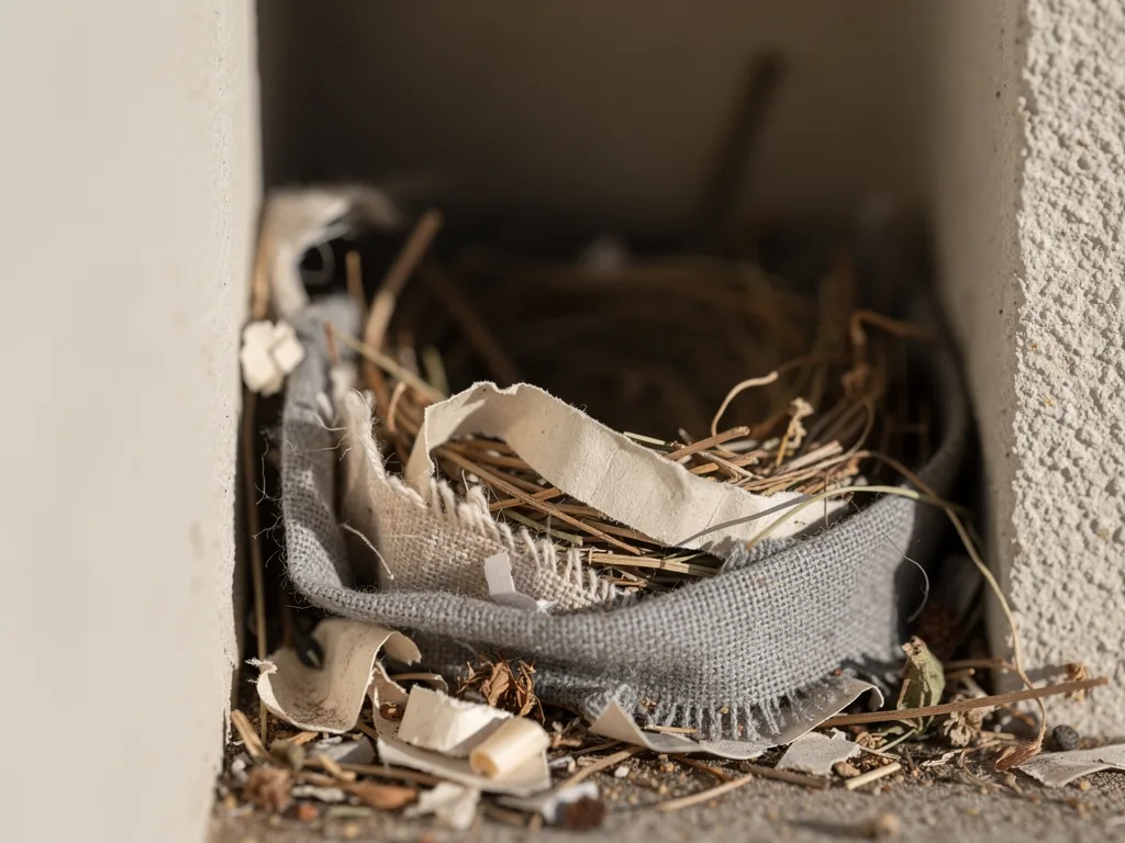 Nid de souris fait de matériaux déchiquetés dans un recoin