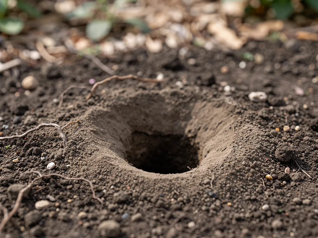 Petit trou rond en bordure de massif dans un jardin