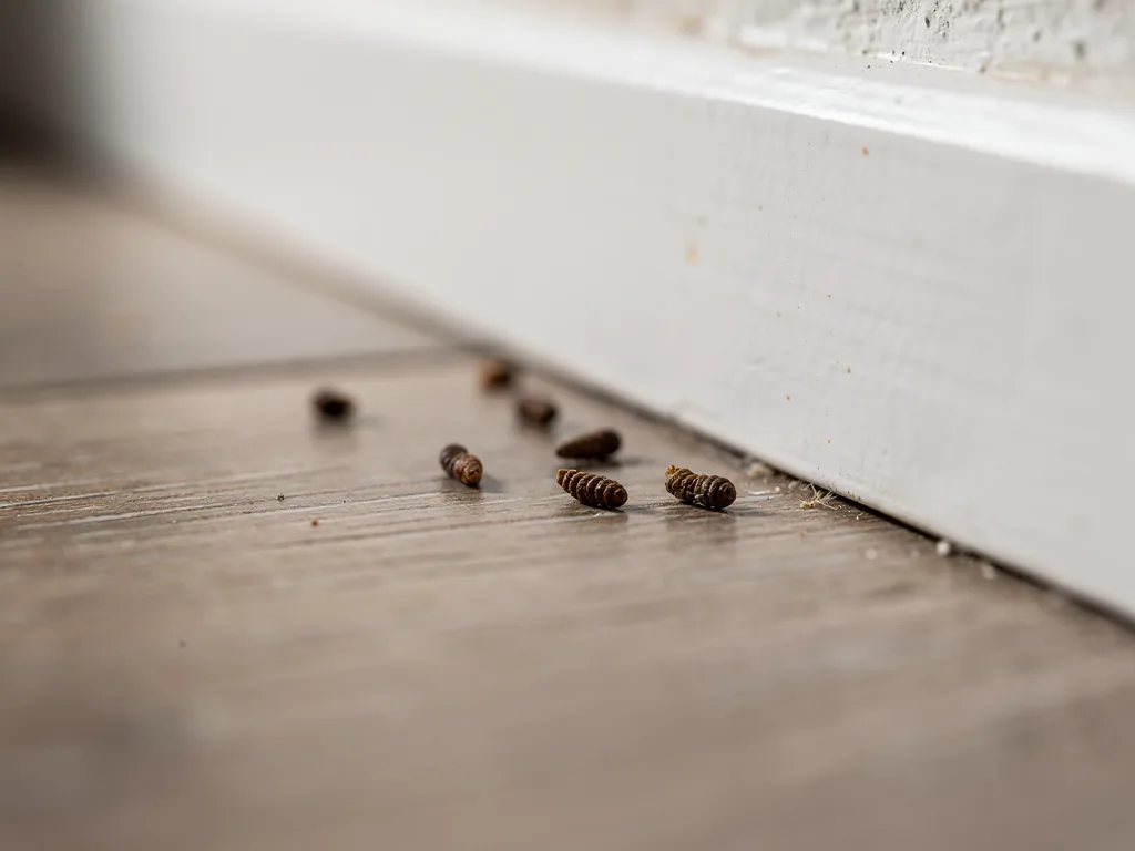 Petites crottes de souris le long d'une plinthe, macro