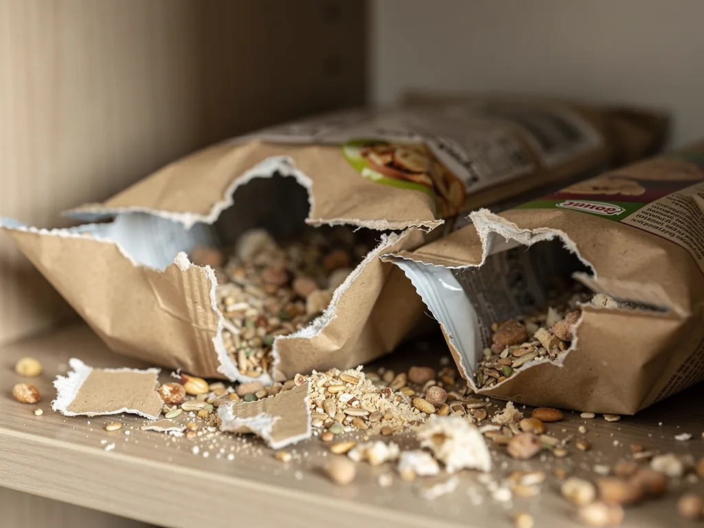 Plusieurs emballages alimentaires rongés sur une étagère