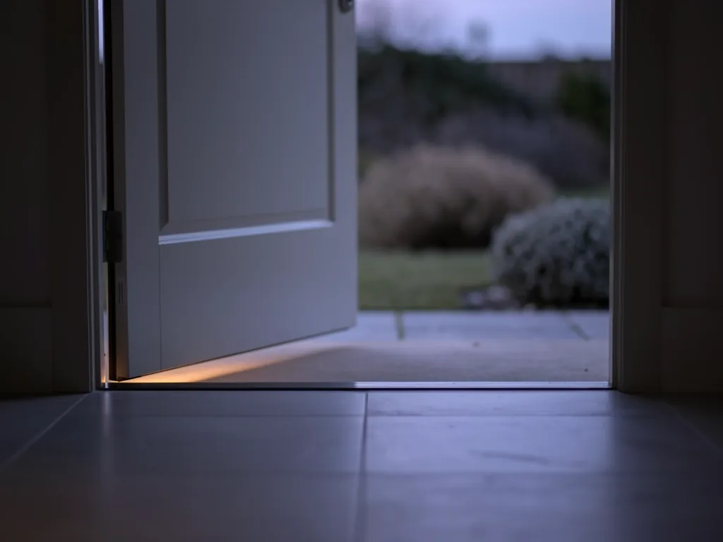 Seuil de porte ouvert sur un jardin, vu de l'intérieur