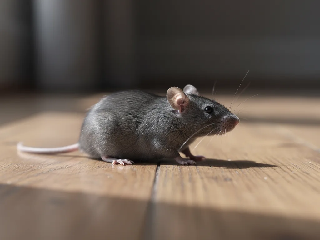 Souris grise de profil sur un plancher en bois