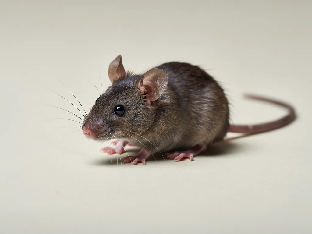 Souris grise vue de trois quarts sur une surface claire