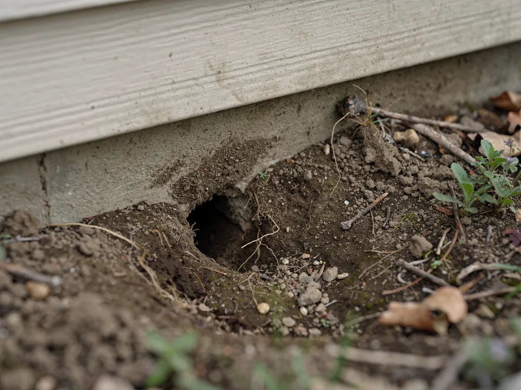 Trou de rongeur en pied de mur extérieur, côté jardin