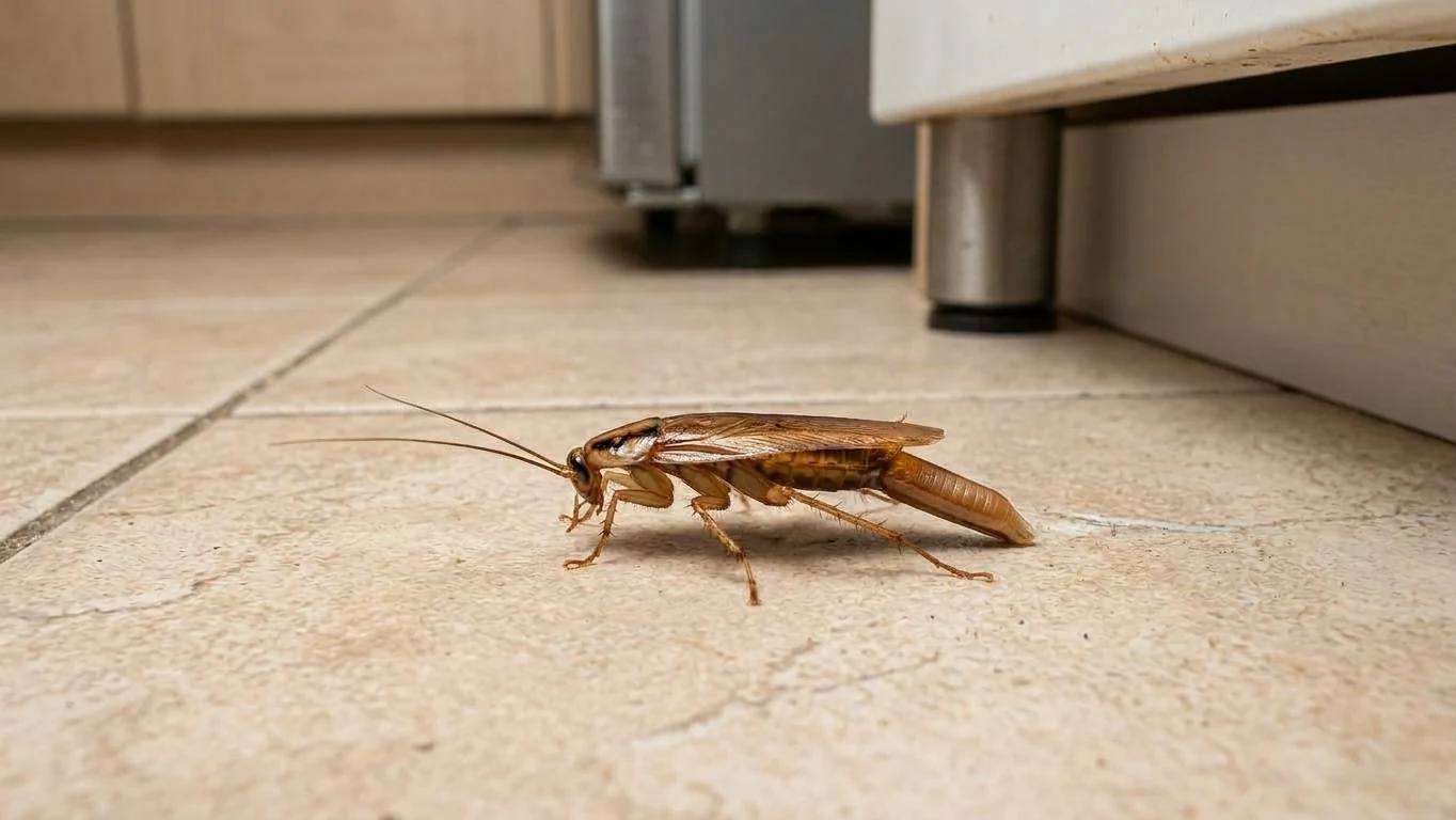 blatte germanique femelle portant son oothèque, sur le carrelage d'une cuisine