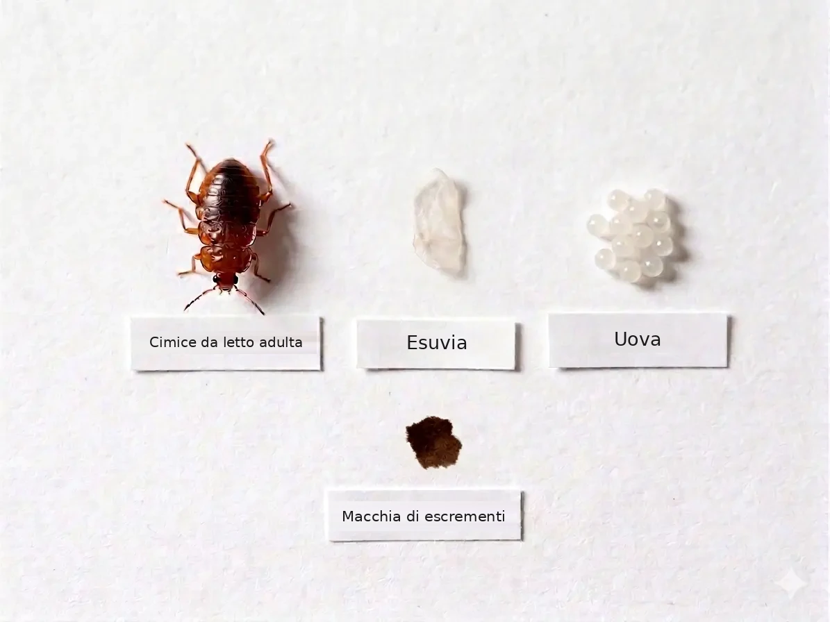 Cimice da letto adulta, esuvia, uova e macchia di escrementi a confronto, ciascuna con la propria etichetta