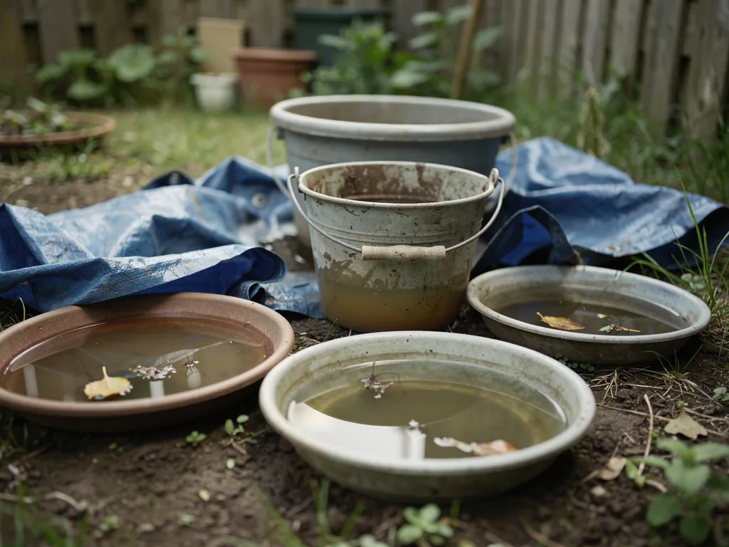 Collection de récipients d'eau stagnante dans un jardin : soucoupes, seau, bâche