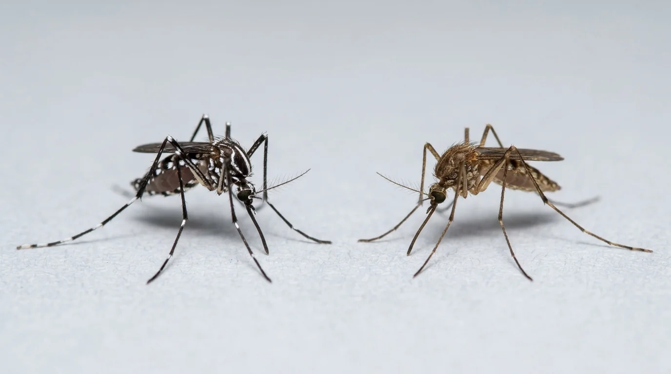 Comparaison côte à côte moustique tigre et moustique commun sur surface claire