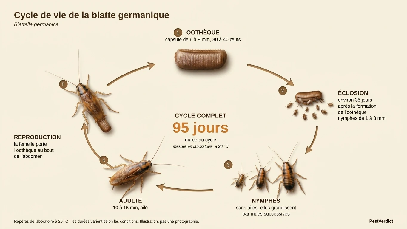 cycle de vie de la blatte germanique en cinq étapes : oothèque, éclosion, nymphes, adulte, reproduction