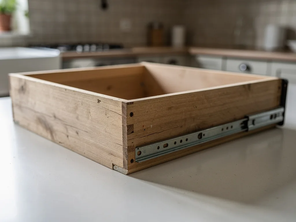 tiroir de cuisine déposé montrant les angles et charnières, zones à inspecter