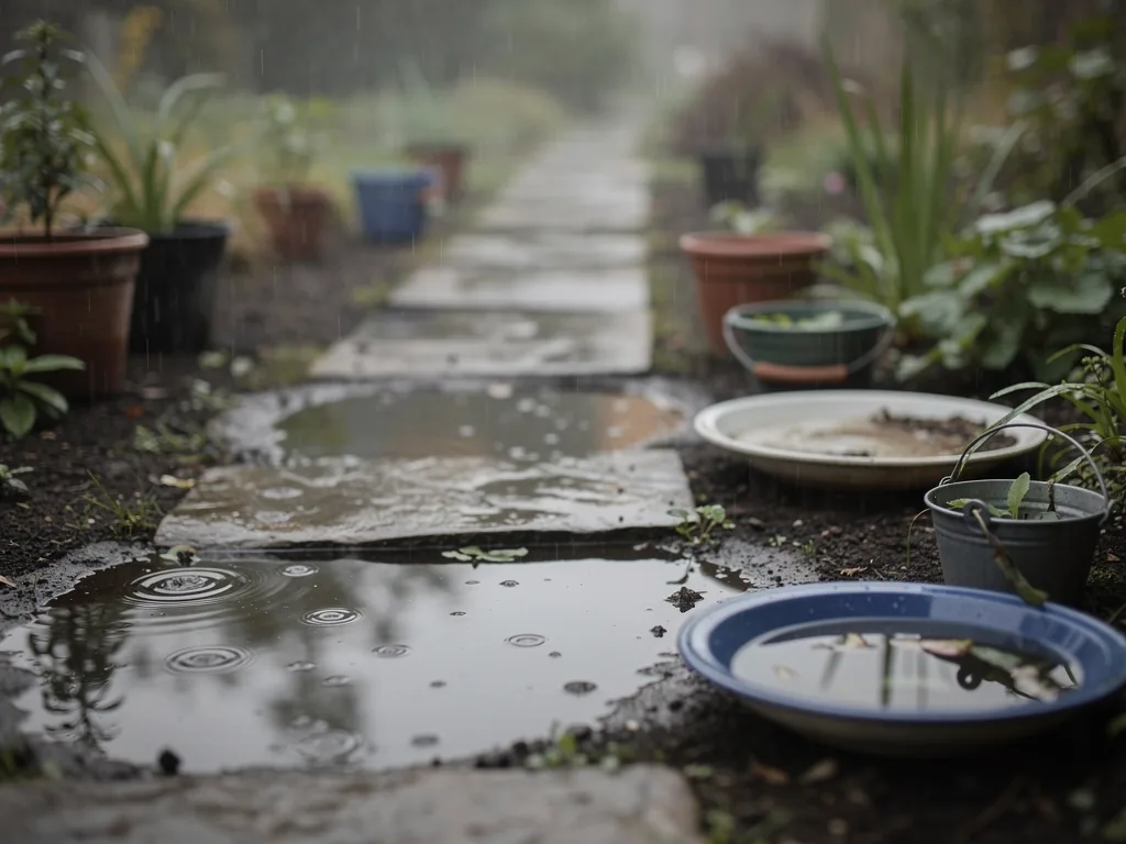 Jardin après la pluie avec flaques et objets remplis d'eau