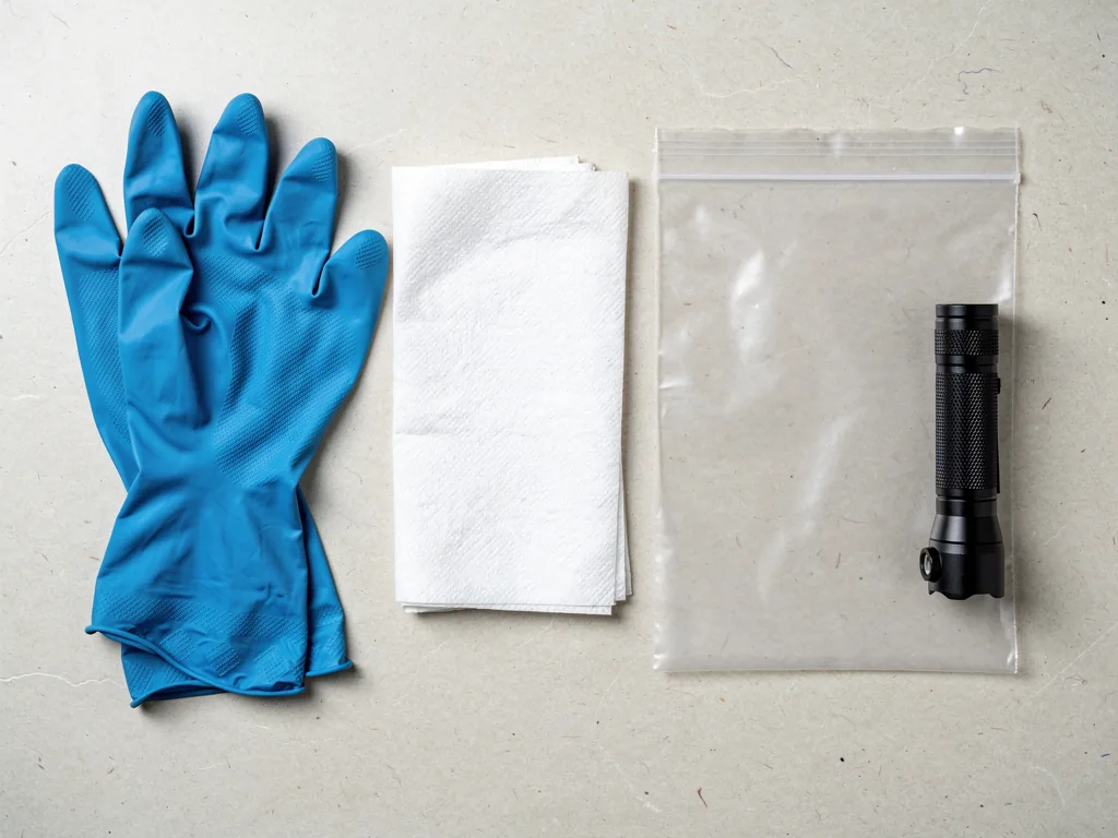 matériel d'élimination posé à plat : gants nitrile, papier absorbant, sac hermétique, lampe torche