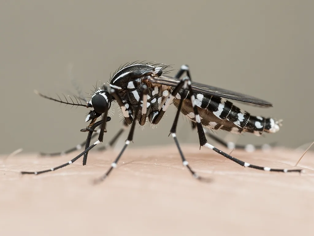 Macro dorsale d'un moustique tigre au repos, rayures noires et blanches nettes, fond neutre