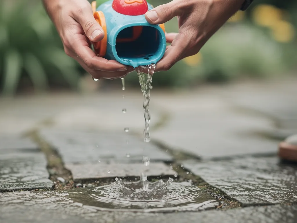 Mains renversant l'eau accumulée dans un jouet de jardin