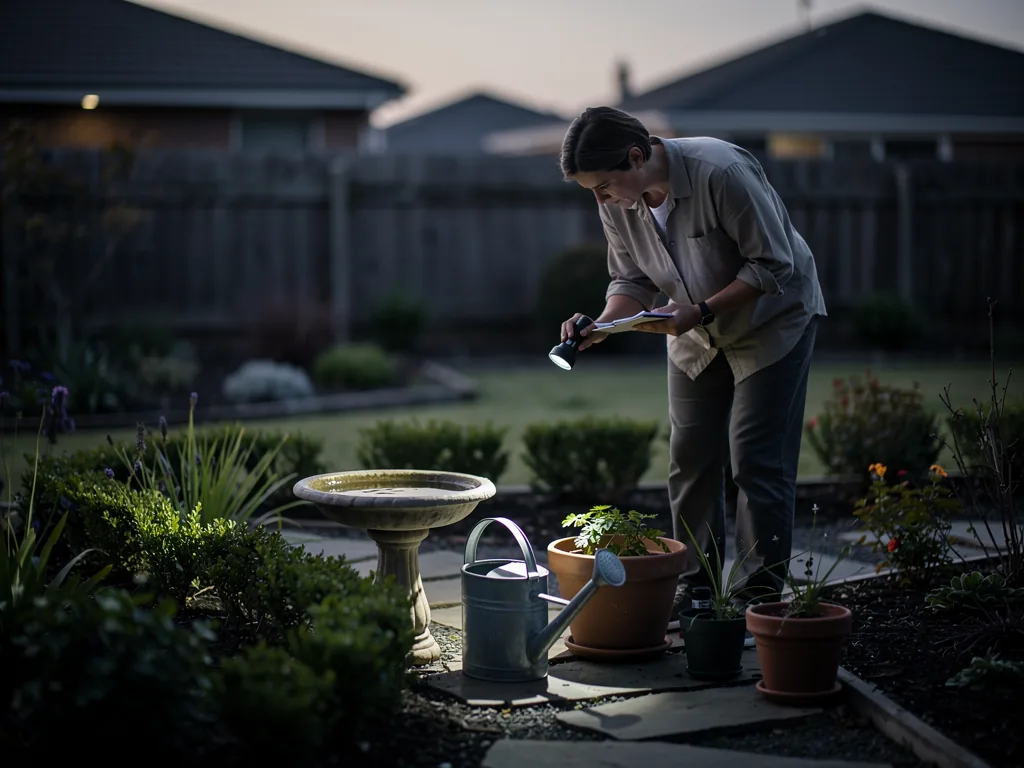 Personne inspectant un jardin au crépuscule pour repérer les sources d'eau, ambiance méthodique